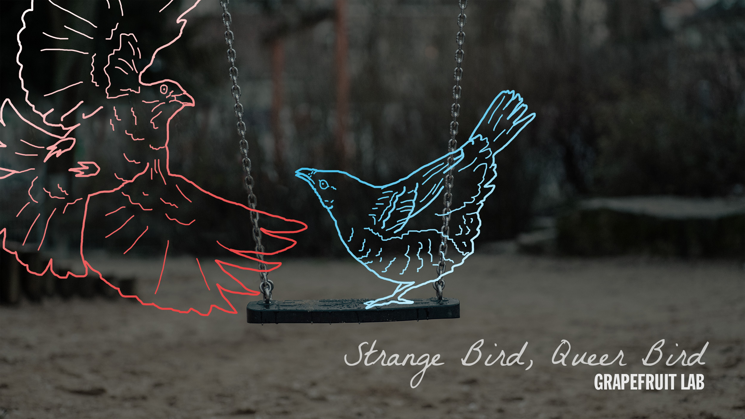 A red and blue bird drawn over a photo of an empty park swing
